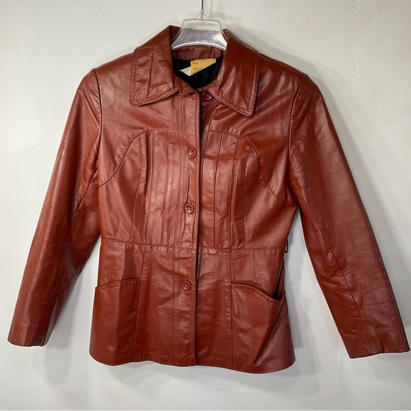 70’s Leather Car Coat, Brown Vintage Jacket Size L - Picture 2 of 8